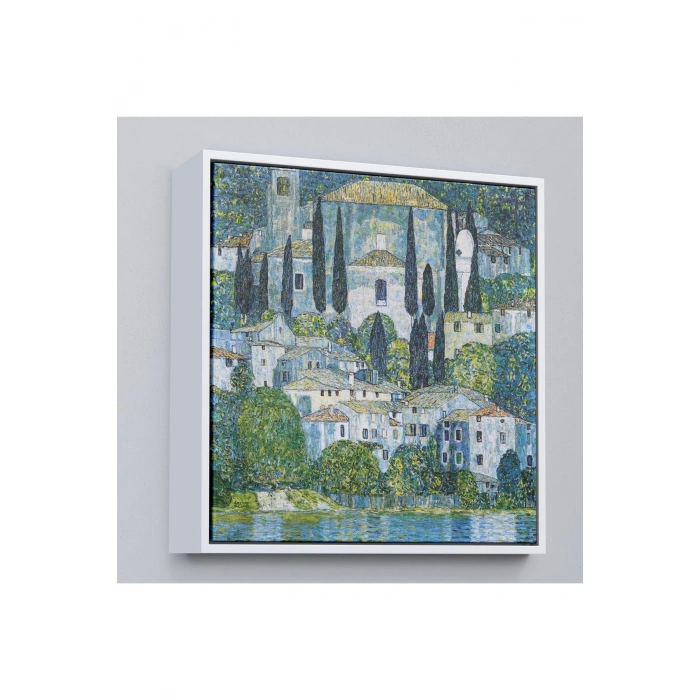 Ahşap Çerçeveli Gustav Klimt - Cassone’Deki Kilise Selvili Manzara Tablosu-8345