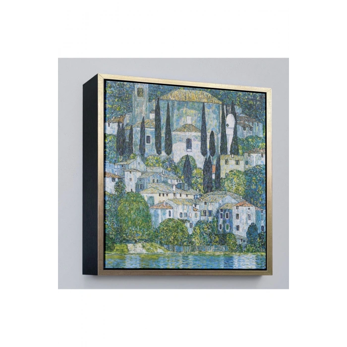 Ahşap Çerçeveli Gustav Klimt - Cassone’Deki Kilise Selvili Manzara Tablosu-8345