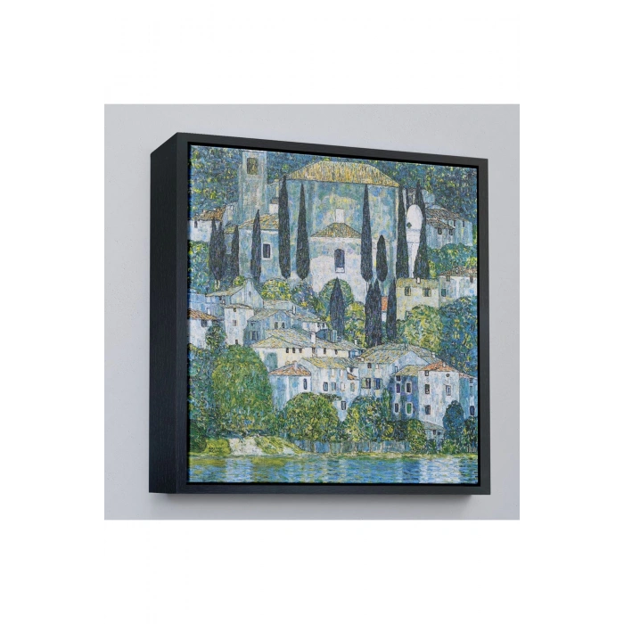 Ahşap Çerçeveli Gustav Klimt - Cassone’Deki Kilise Selvili Manzara Tablosu-8345