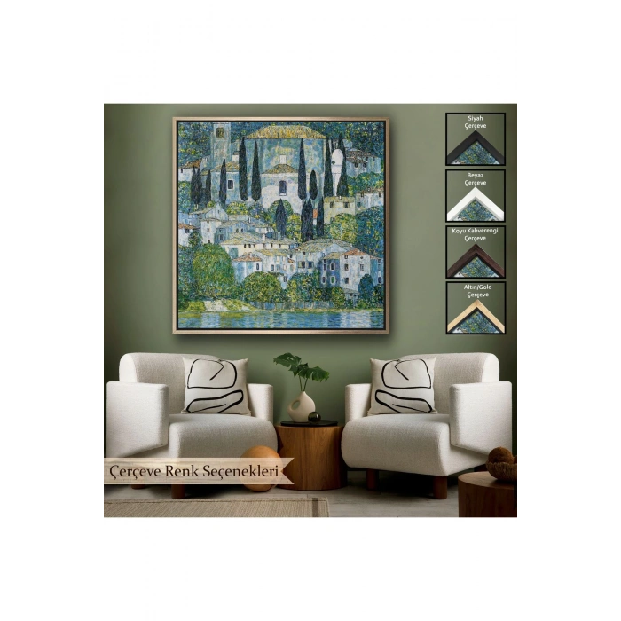 Ahşap Çerçeveli Gustav Klimt - Cassone’Deki Kilise Selvili Manzara Tablosu-8345