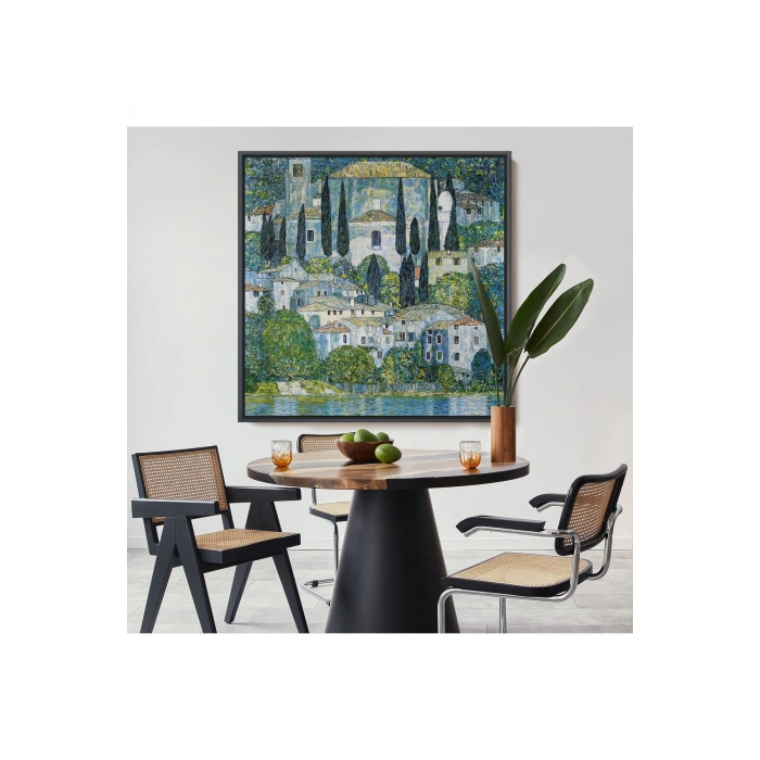 Ahşap Çerçeveli Gustav Klimt - Cassone’Deki Kilise Selvili Manzara Tablosu-8345