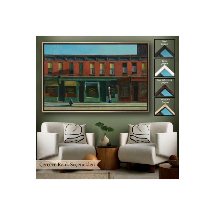 Ahşap Çerçeveli Edward Hopper - Pazar Sabahının Erken Saatleri Tablosu - Early Sunday Morning-7069