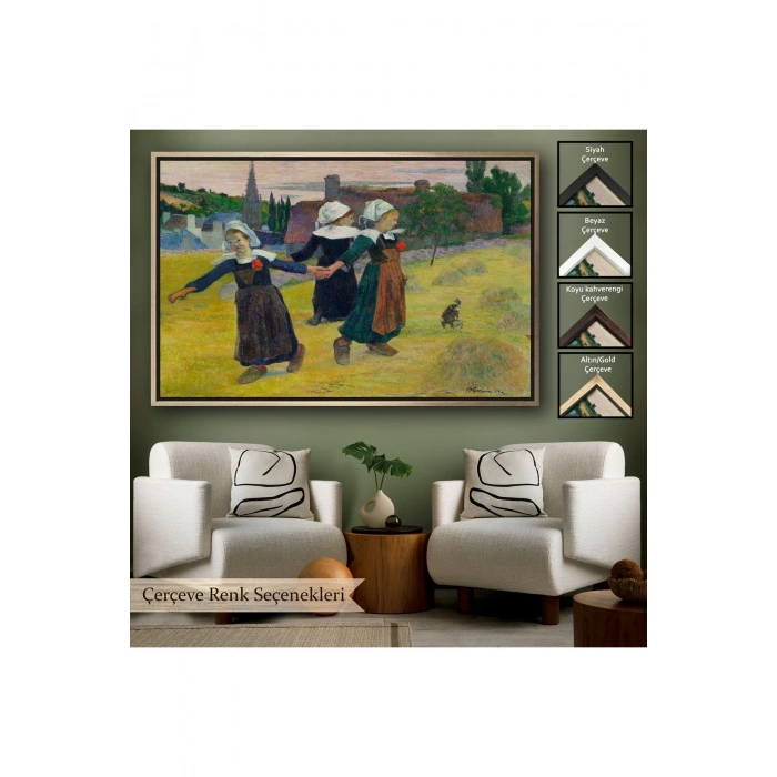 Ahşap Çerçeveli Paul Gauguin Bretonlu Kızlar Dans Tablosu