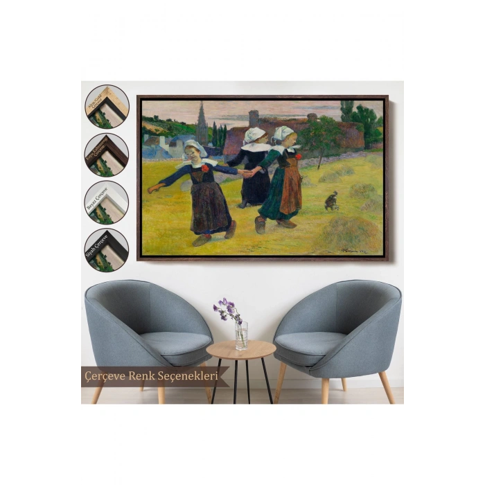 Ahşap Çerçeveli Paul Gauguin Bretonlu Kızlar Dans Tablosu