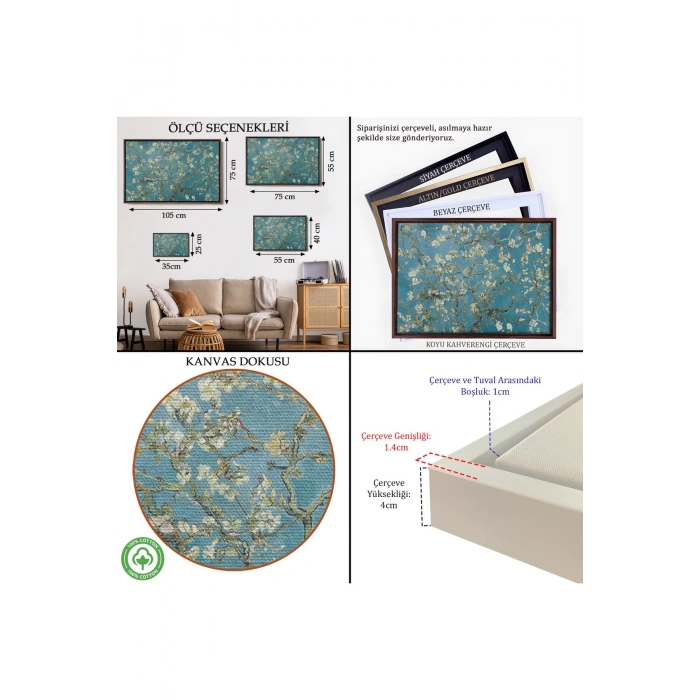 Ahşap Çerçeveli Vincent Van Gogh - Çiçek Açan Badem Ağacı Tablosu-7050