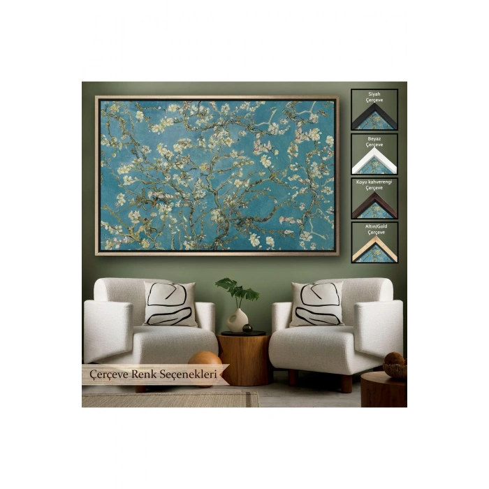Ahşap Çerçeveli Vincent Van Gogh - Çiçek Açan Badem Ağacı Tablosu-7050