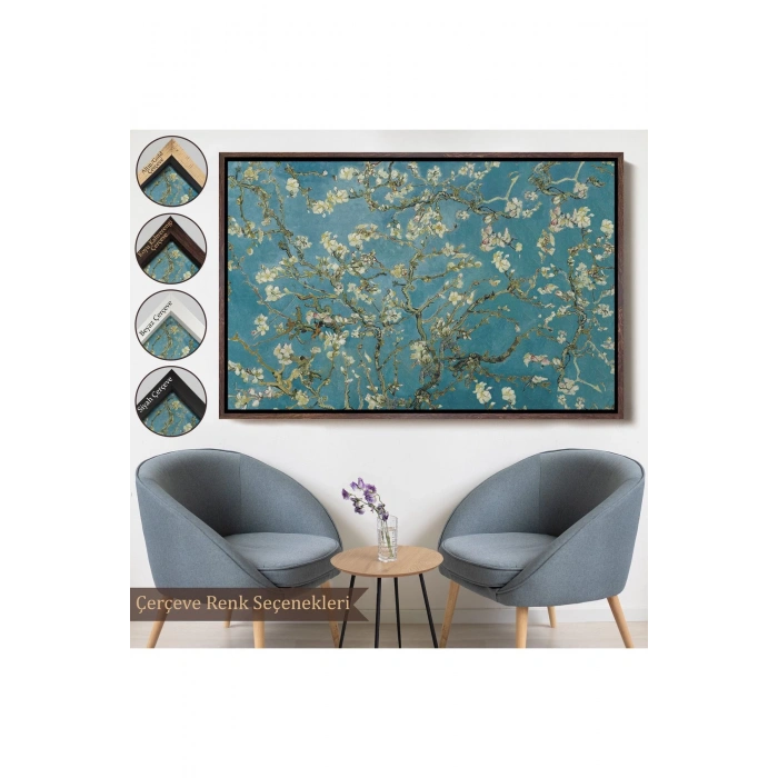 Ahşap Çerçeveli Vincent Van Gogh - Çiçek Açan Badem Ağacı Tablosu-7050