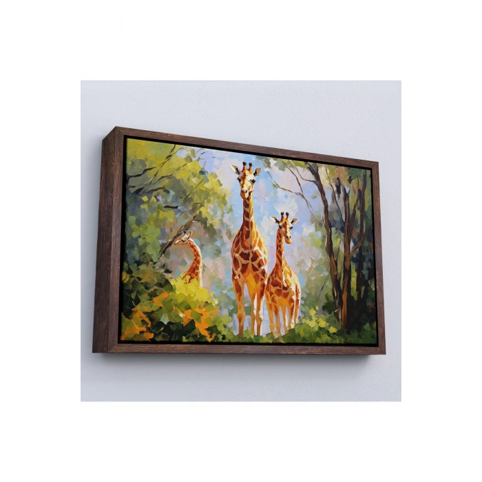 Ahşap Çerçeveli Ormandaki Ağaçların Altında Dinlenen Zürafa Aile Tablosu-7228