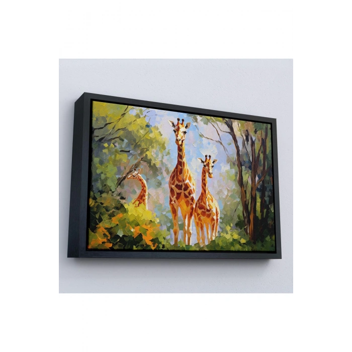 Ahşap Çerçeveli Ormandaki Ağaçların Altında Dinlenen Zürafa Aile Tablosu-7228