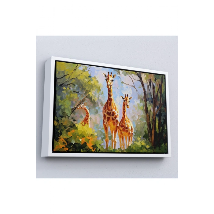 Ahşap Çerçeveli Ormandaki Ağaçların Altında Dinlenen Zürafa Aile Tablosu-7228