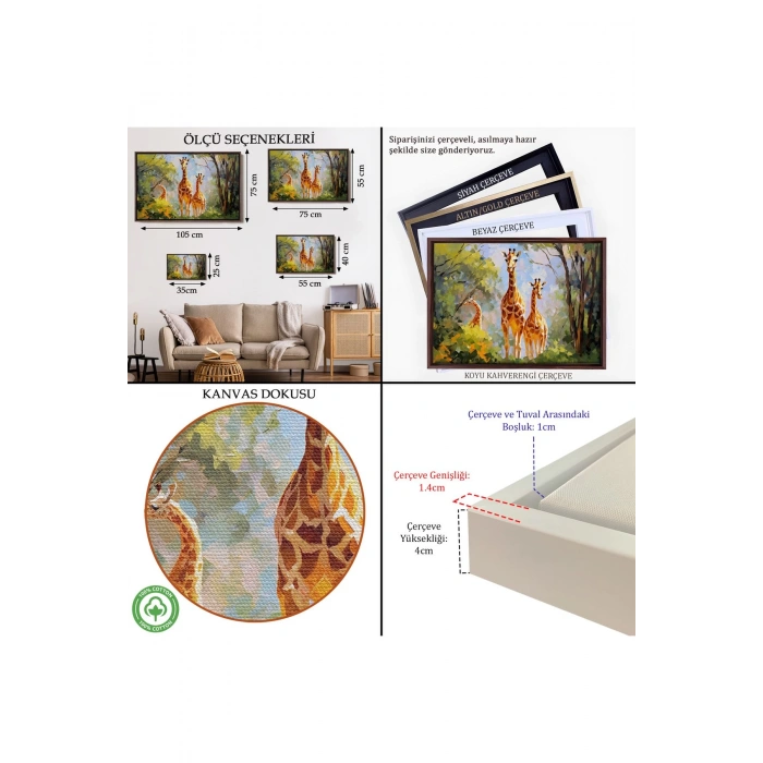 Ahşap Çerçeveli Ormandaki Ağaçların Altında Dinlenen Zürafa Aile Tablosu-7228