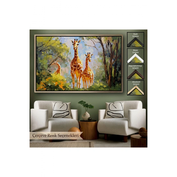 Ahşap Çerçeveli Ormandaki Ağaçların Altında Dinlenen Zürafa Aile Tablosu-7228