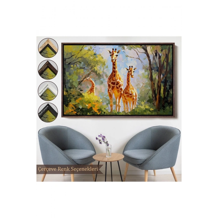 Ahşap Çerçeveli Ormandaki Ağaçların Altında Dinlenen Zürafa Aile Tablosu-7228