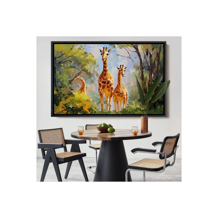 Ahşap Çerçeveli Ormandaki Ağaçların Altında Dinlenen Zürafa Aile Tablosu-7228