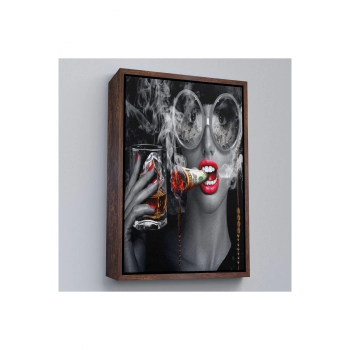 Ahşap Çerçeveli Dolar İle Gözlüklü Sigara İçen Kadın Tablosu-7797
