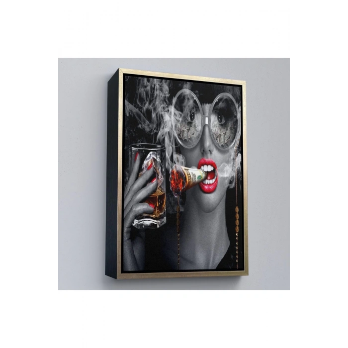Ahşap Çerçeveli Dolar İle Gözlüklü Sigara İçen Kadın Tablosu-7797