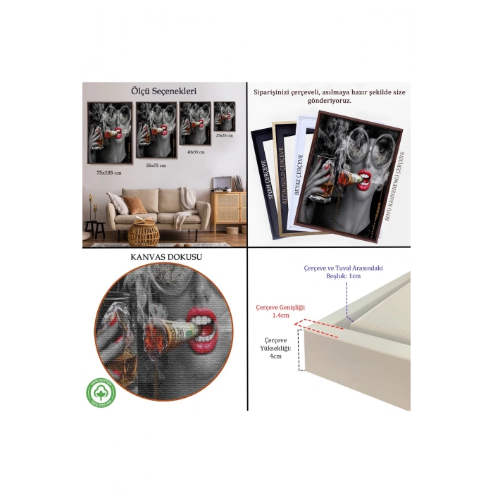 Ahşap Çerçeveli Dolar İle Gözlüklü Sigara İçen Kadın Tablosu-7797