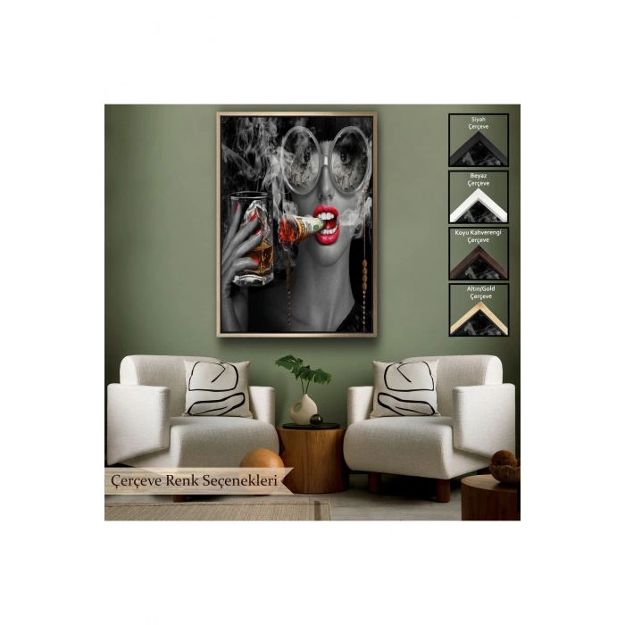 Ahşap Çerçeveli Dolar İle Gözlüklü Sigara İçen Kadın Tablosu-7797