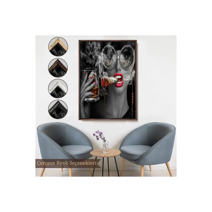 Ahşap Çerçeveli Dolar İle Gözlüklü Sigara İçen Kadın Tablosu-7797