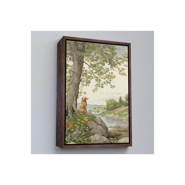 Ahşap Çerçeveli Manzarayı İzleyen Yalnız Köpek Tablosu-7525