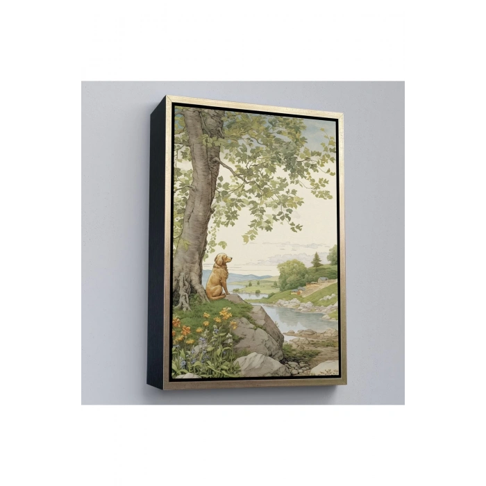 Ahşap Çerçeveli Manzarayı İzleyen Yalnız Köpek Tablosu-7525