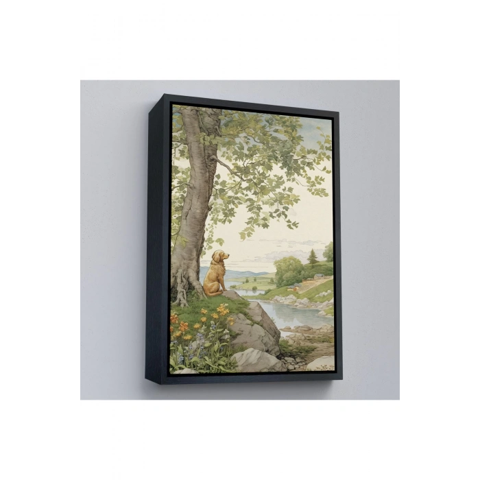 Ahşap Çerçeveli Manzarayı İzleyen Yalnız Köpek Tablosu-7525