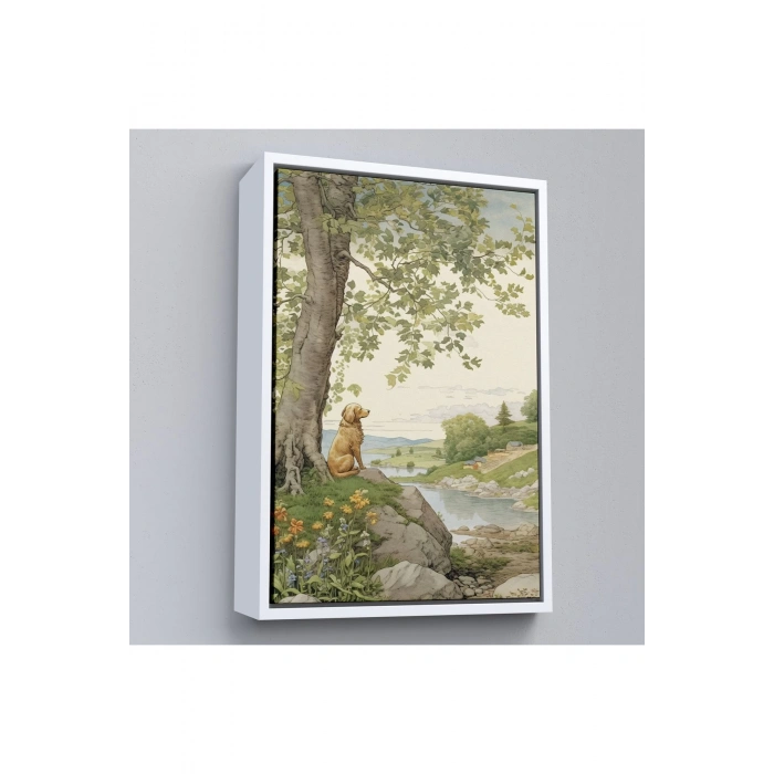 Ahşap Çerçeveli Manzarayı İzleyen Yalnız Köpek Tablosu-7525