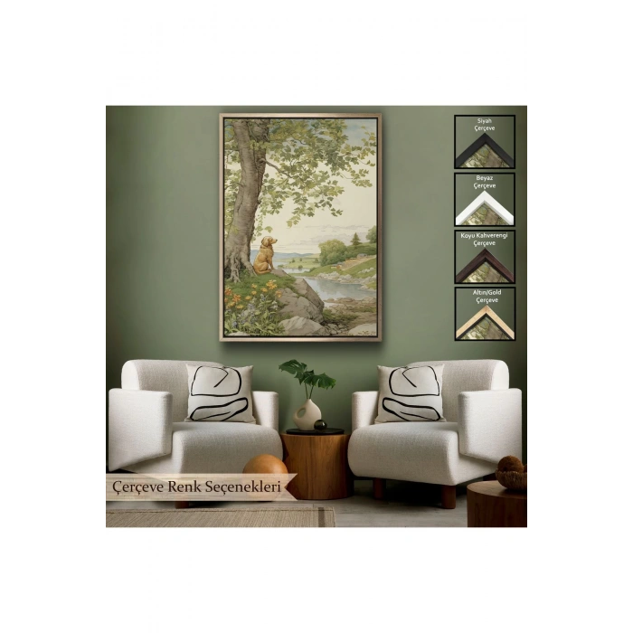 Ahşap Çerçeveli Manzarayı İzleyen Yalnız Köpek Tablosu-7525