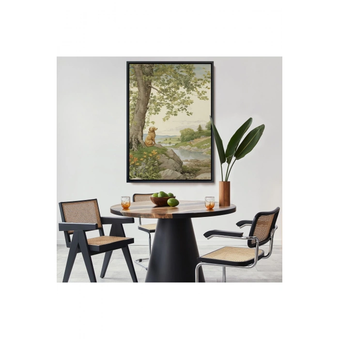 Ahşap Çerçeveli Manzarayı İzleyen Yalnız Köpek Tablosu-7525