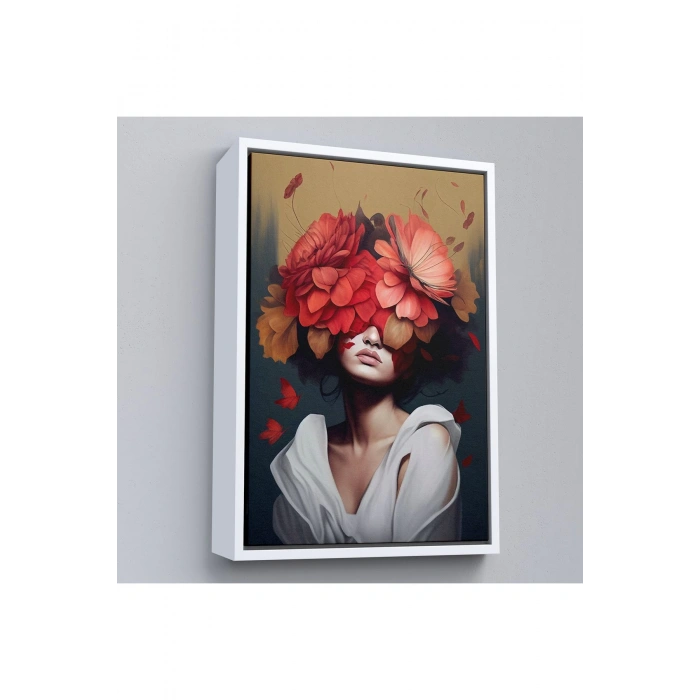 Ahşap Çerçeveli Çiçek Başlı Soyut Kadın Tablosu-7829