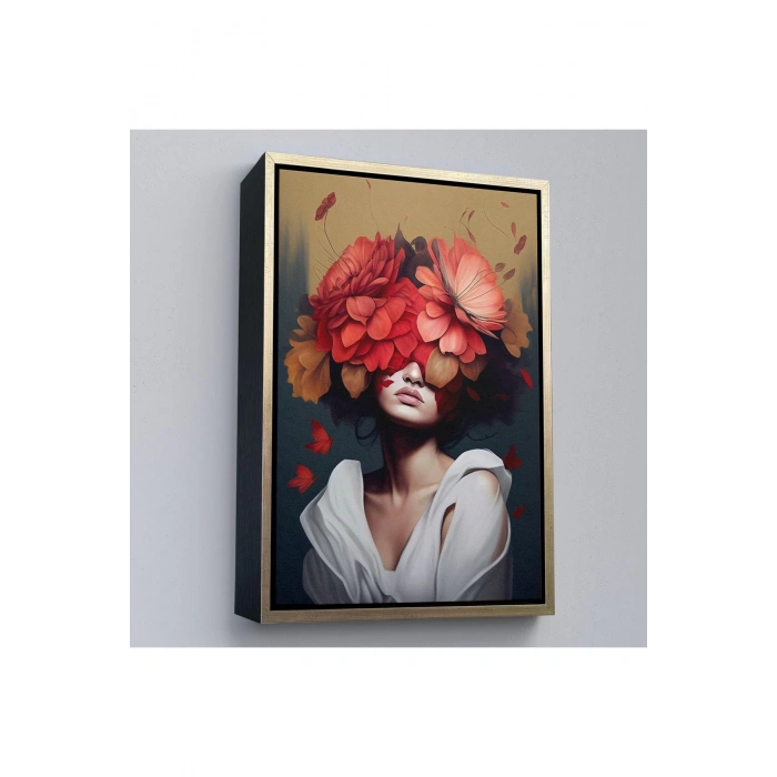 Ahşap Çerçeveli Çiçek Başlı Soyut Kadın Tablosu-7829