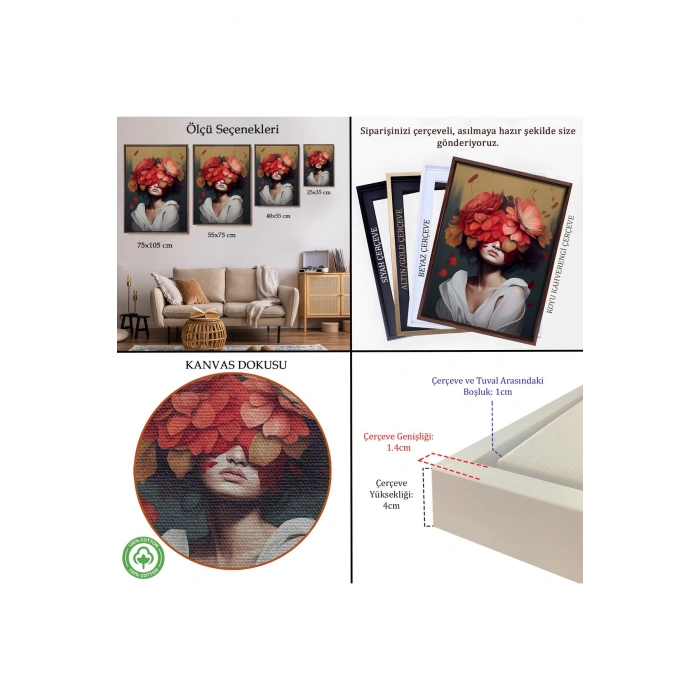 Ahşap Çerçeveli Çiçek Başlı Soyut Kadın Tablosu-7829