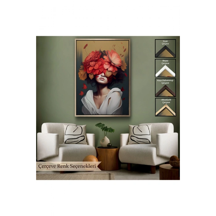 Ahşap Çerçeveli Çiçek Başlı Soyut Kadın Tablosu-7829
