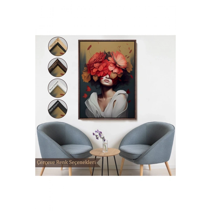 Ahşap Çerçeveli Çiçek Başlı Soyut Kadın Tablosu-7829