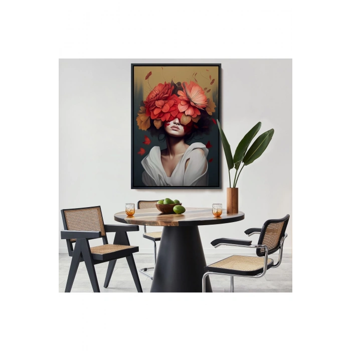 Ahşap Çerçeveli Çiçek Başlı Soyut Kadın Tablosu-7829