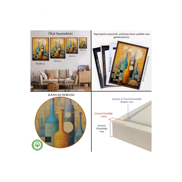 Ahşap Çerçeveli Soyut Şarap Şişeler Tablosu-7539