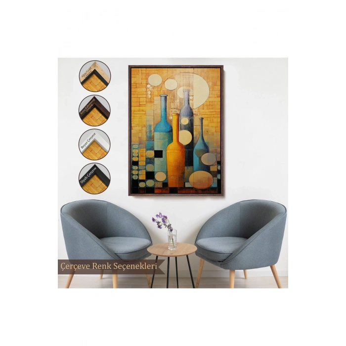 Ahşap Çerçeveli Soyut Şarap Şişeler Tablosu-7539