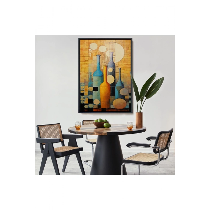 Ahşap Çerçeveli Soyut Şarap Şişeler Tablosu-7539