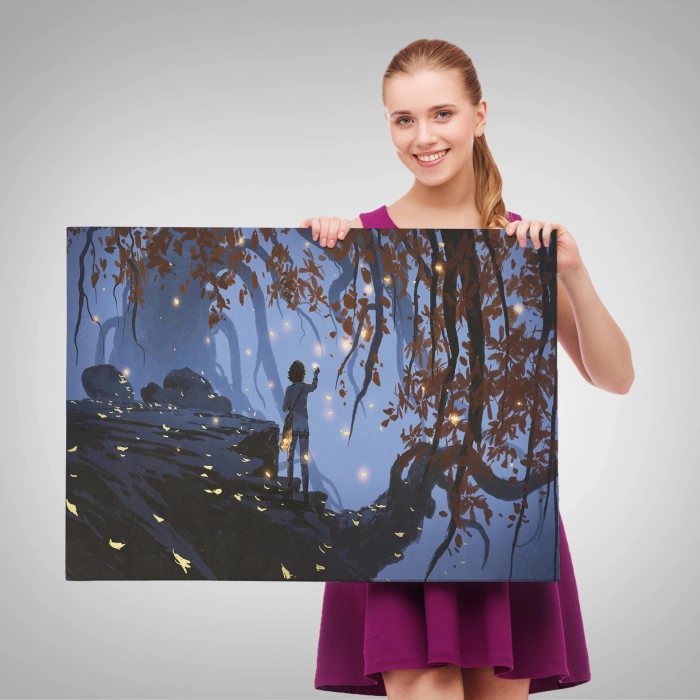 Ağaçlardan Düşen Parlak Yaprakları Toplayan Kadın Tablosu-1243