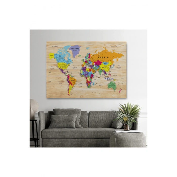 Ahşap Görünümlü Dünya Haritası Ayrıntılı ve Dekoratif Kanvas Tablo 1790