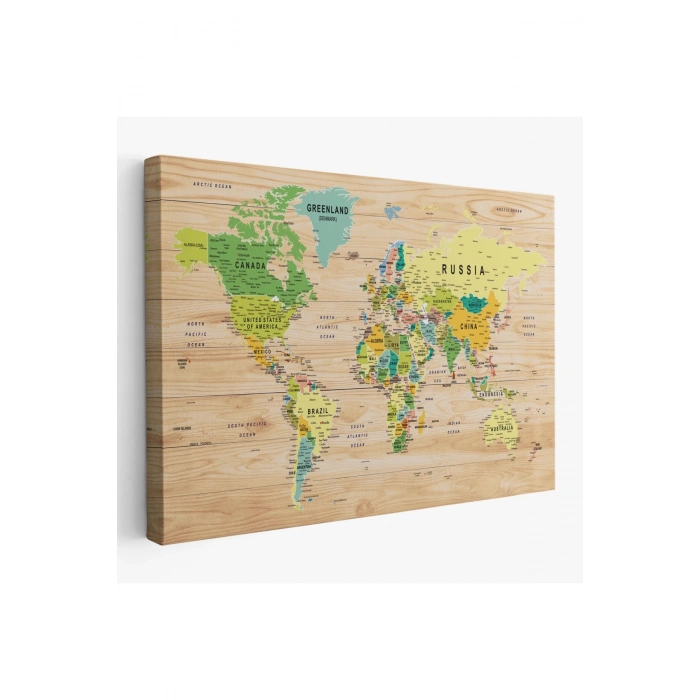 Ahşap Görünümlü Dünya Haritası Ayrıntılı ve Dekoratif Kanvas Tablo 1791