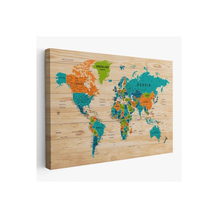 Ahşap Görünümlü Dünya Haritası Ayrıntılı ve Dekoratif Kanvas Tablo 1801