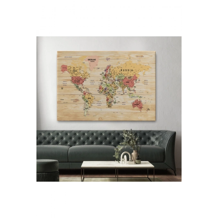 Ahşap Görünümlü Dünya Haritası Ayrıntılı ve Dekoratif Kanvas Tablo 1803