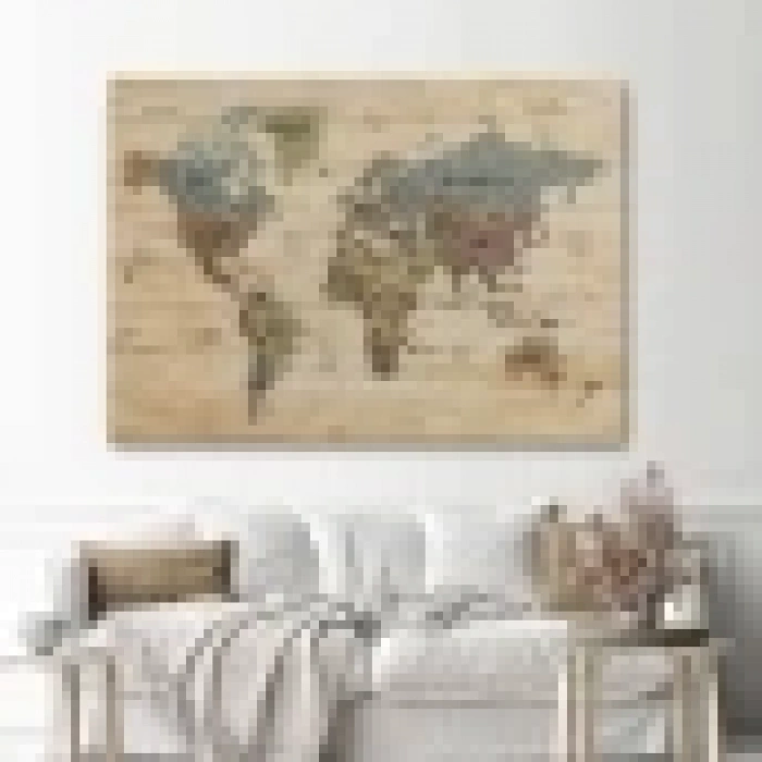 Ahşap Görünümlü Dünya Haritası Ayrıntılı ve Dekoratif Kanvas Tablo 1813