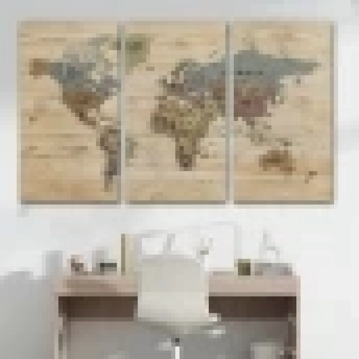 Ahşap Görünümlü Dünya Haritası Ayrıntılı ve Dekoratif Kanvas Tablo 1813