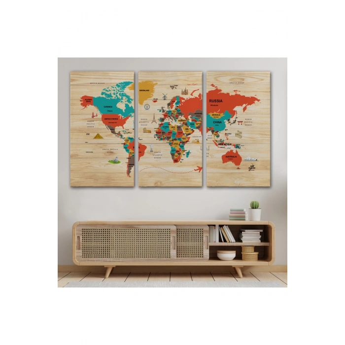 Ahşap Görünümlü Dünya Haritası Dekoratif Kanvas Tablo 2071