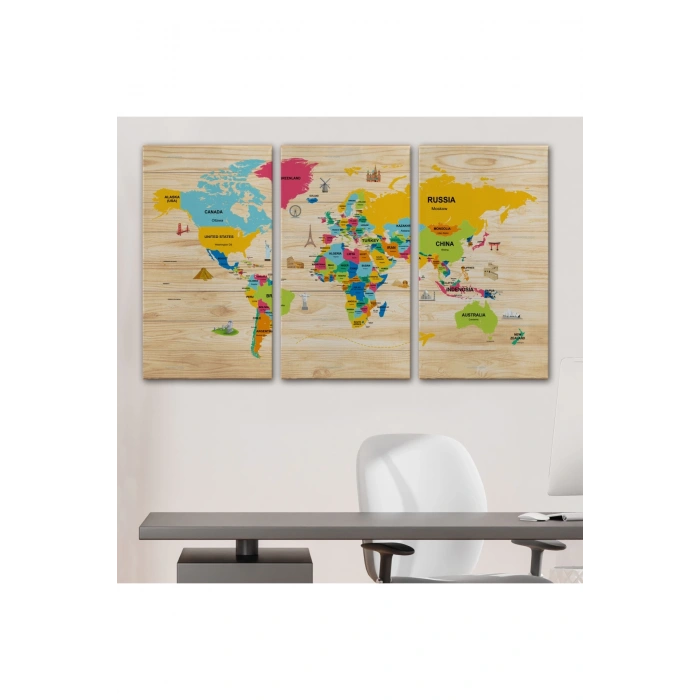 Ahşap Görünümlü Dünya Haritası Dekoratif Kanvas Tablo 2097