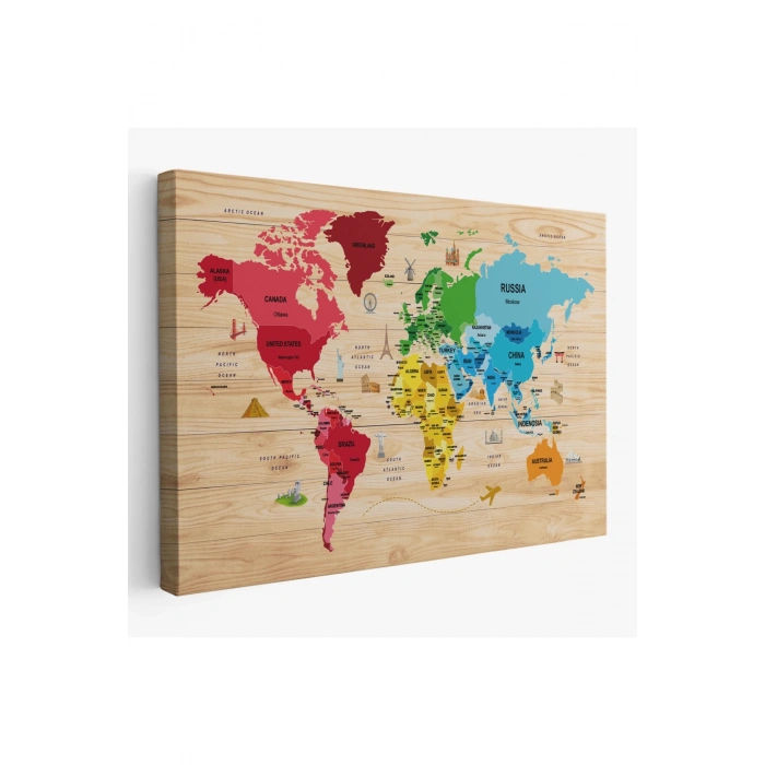 Ahşap Görünümlü Dünya Haritası Dekoratif Kanvas Tablo 2107