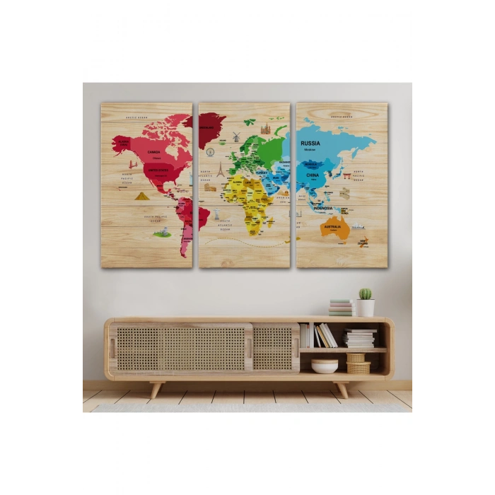 Ahşap Görünümlü Dünya Haritası Dekoratif Kanvas Tablo 2107