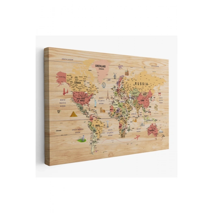 Ahşap Görünümlü Dünya Haritası Sembollü Eğitici Dekoratif Kanvas Tablo 2930